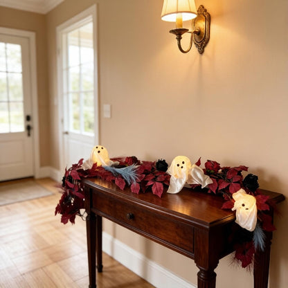 HipTree 6 FT Gothic Halloween Garland with Light-Up Cute White Ghosts, Spooky Fall Eucalyptus Garland with Burgundy Leaves & Pampas Grass for Mantle Fireplace Staircase Indoor Outdoor