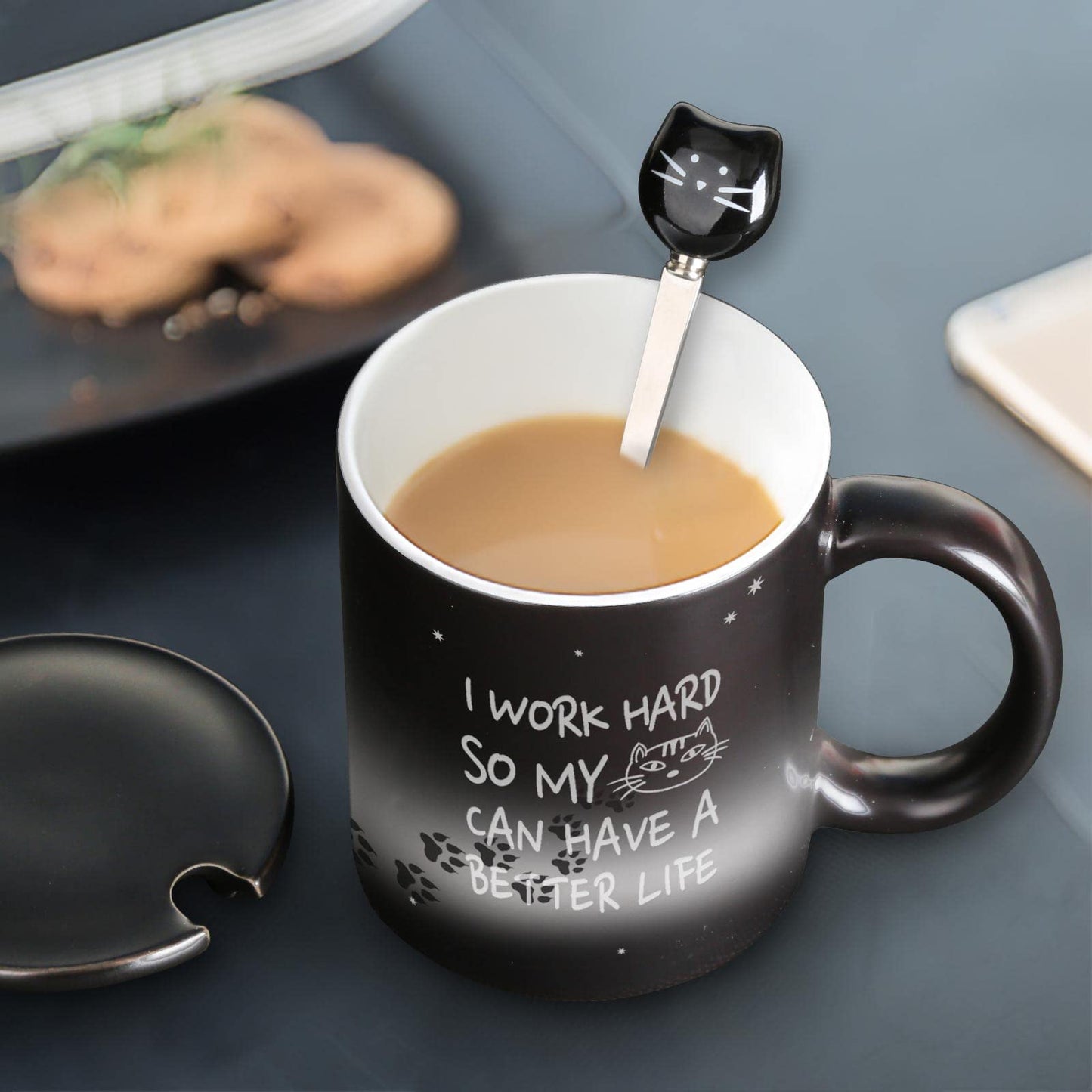 MUGKISS Color Changing Coffee Mug 11oz - I Work Hard So My Cat Can Have a Better Life - Halloween Cat Cup With Black Lid and Head Spoon, Gifts for Birthday, Christmas