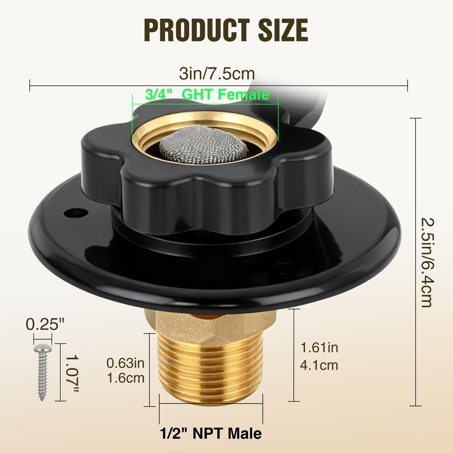 Nilight RV City Water Inlet with Check Valve 1/2" NPT Male to 3/4" GHT Female Brass City Water Fill Inlet Flange Connection Fittings for RV Camper Trailer Marine Hose Water Connector Replacement Black