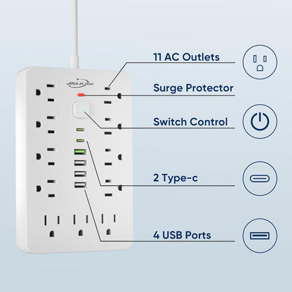 2 Pack 5 FT Flat Plug Surge Protector Power Strip,11 Multiple AC Outlets with 6 USB Ports (2 USB C), 5 Feet Extension Cord, 1250W/10A, One Touch Switch Button, 17 in 1 Compact powerstrip