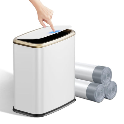 KHMMGK 2.1 Gallon Bathroom Trash Can with Lid Press Top, 8 Liter Stainless Steel Garbage Can with Press Type Lid, Slim Trash Bin Waste Basket for Toilet, Office, Bedroom, Living Room (White)