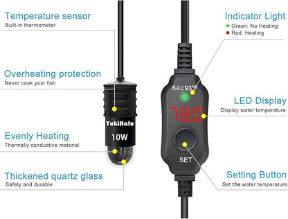 YukiHalu USB Powered Aquarium Heater, 10W Adjustable Mini Fish Tank Heater with External Temperature Controller, LED Display, Used for 0.5-1 Gallon Tank (10W USB Adapter)