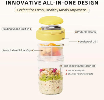 UWILLION Overnight Oats Containers with Lids and Handles, 16 oz Glass Mason Jars with Folding Spoons & Topping Compartments, Yogurt Parfait Cups for Meal Prep, Chia Pudding, Breakfast to Go, 2 Pack