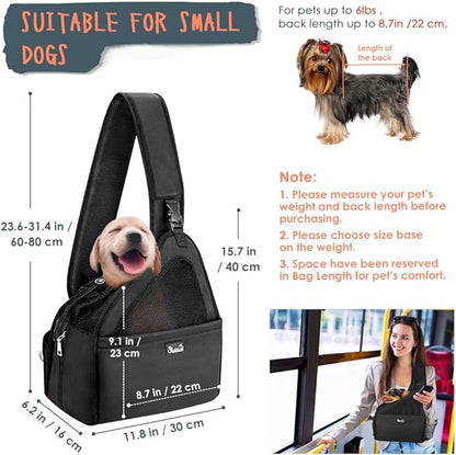 SlowTon Pet Dog Sling Carrier, Hands Free Hard Bottom Papoose Small Animal Puppy Up to 6 lbs Travel Bag Tote Breathable Mesh Support Adjustable Padded Strap Pocket Safety Belt Machine Washable