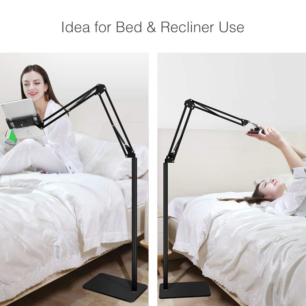 Tablet Floor Stand with 5LB Metal Base, Overhead Bed Phone Stand Angle Height Adjustable Holder, Universal Floor Stand Compatible with iPhone iPad Pro Air Mini, Samsung Tab, Kindle, E-Readers…