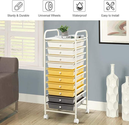 Giantex 10 Drawer Rolling Storage Cart Scrapbook Paper Office School Organizer (Beige+Yellow+Grey)