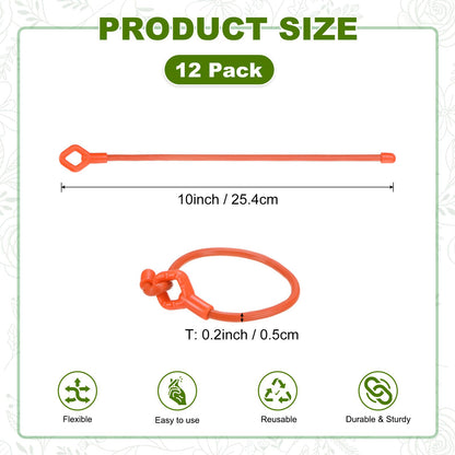 M METERXITY 12-Pack Adjustable Plant Ties, 10inch/25.4cm Silicone Flexible Multi-Function Sturdy Garden Twist Tie for Plant Support/Tree/Shrub/Vine, Reusable Support Twine [Orange]