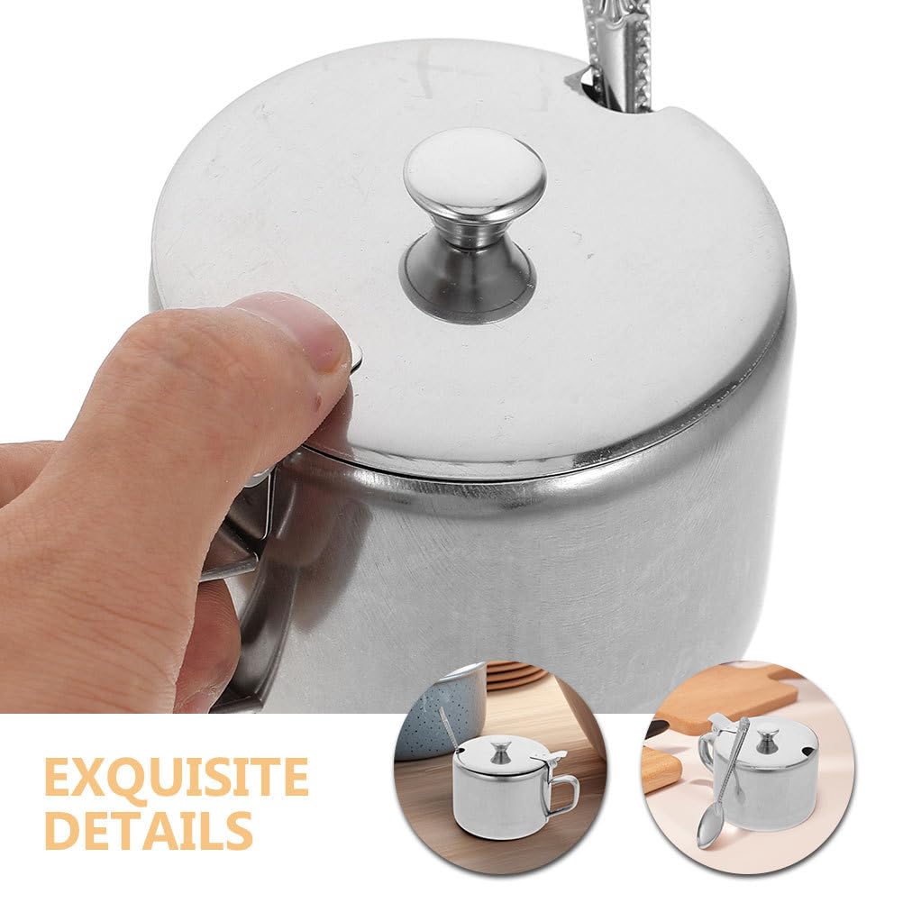 Healvian Stainless Steel Sugar Bowls Set of 3 with Lids and Spoons Multipurpose Kitchen Condiment Containers for Sugar Salt Pepper Spice Storage with Handles 3.93X3.14X2.67 Inches