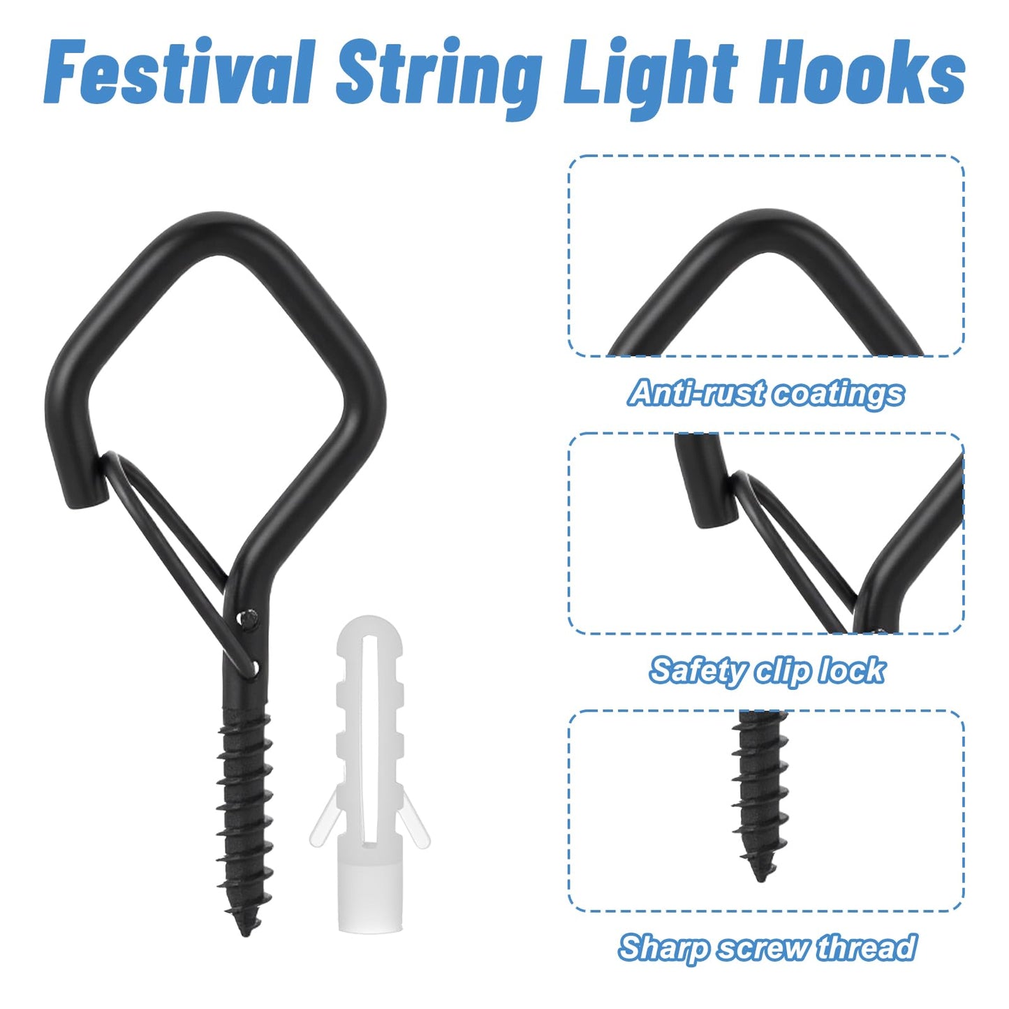 PercyEffie 60 Pack Ceiling Hooks for Hanging Plants/Outdoor String Lights, 2.3 Inch Heavy Duty Q-Hanger Hook Metal Ceiling Hooks for Patio Lights Christmas Decor Wire Fairy Led, Wind Nut Driver,Black