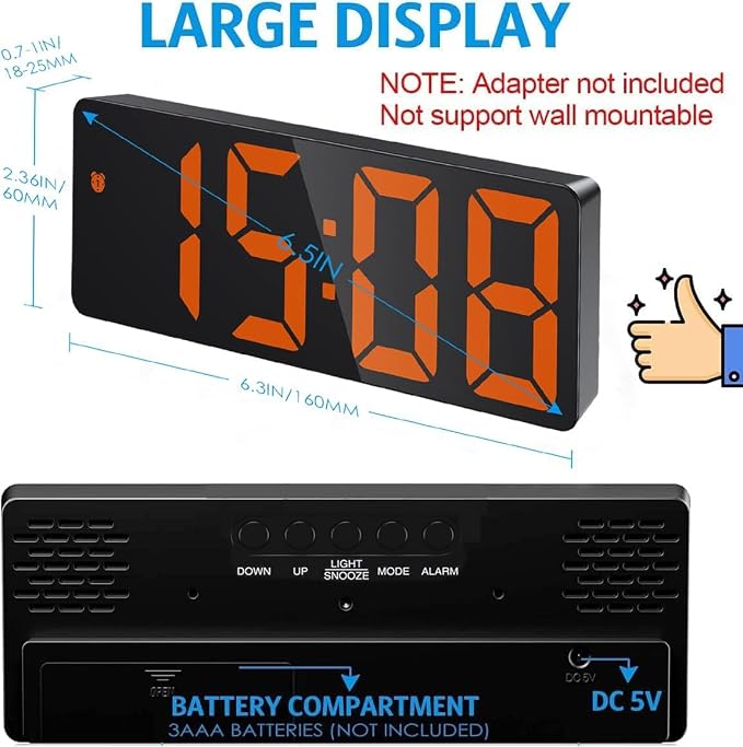 AMIR Digital Alarm Clock, LED Clock for Bedroom, Electronic Desktop Clock with Temperature Display, Adjustable Brightness, Voice Control, 12/24H, 6.3" Large Display for Home, Bedroom, Office