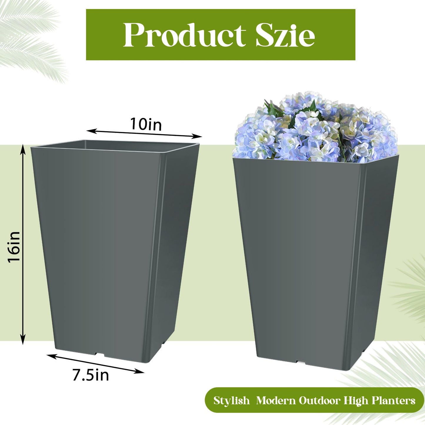 Briwooody Set of 2 15.75 Inch Large Taper Planters Outdoor Indoor Tall Resin Flower Pots with Drainage Holes Modern for Front Door Patio Backyard Plants(Gray)