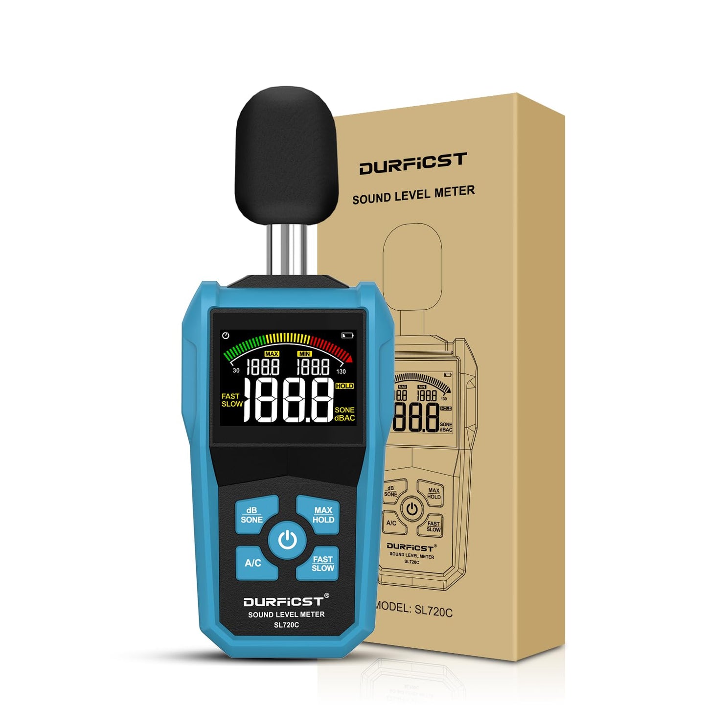 Decibel Meter, DURFICST Sound Level Meter with LCD Color Screen, 30-130dB SPL Meter with A/C Weighting, Data Hold, MAX/MIN,dB/SONE Unit,FAST/SLOW Response,for Home, Office, Factory, Noisy Neighbors