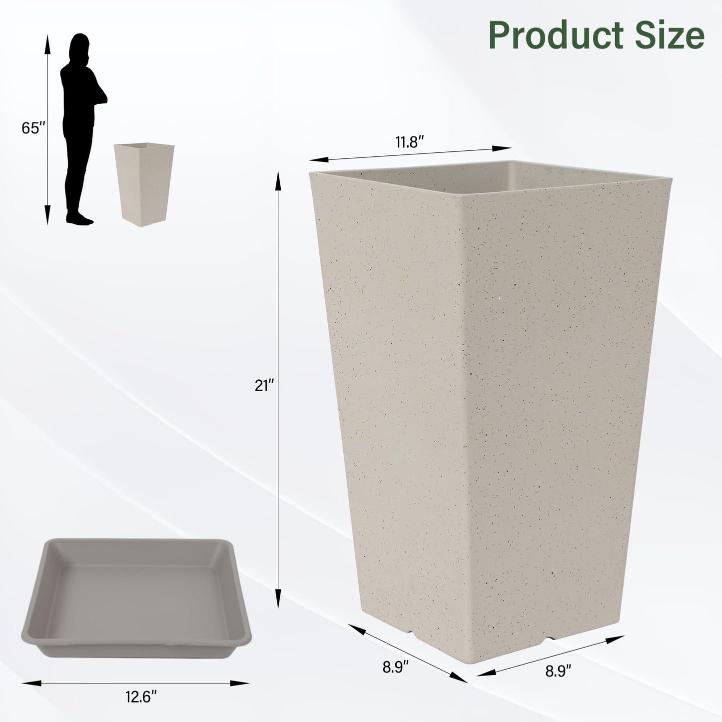 Neoaider Set of 2 Tall Planter, 21 inch Large Plastic Planter with Drain Hole & Saucers, Large Outdoor Planters for Porch, Garden, Patio, Balcony(Light Gray)