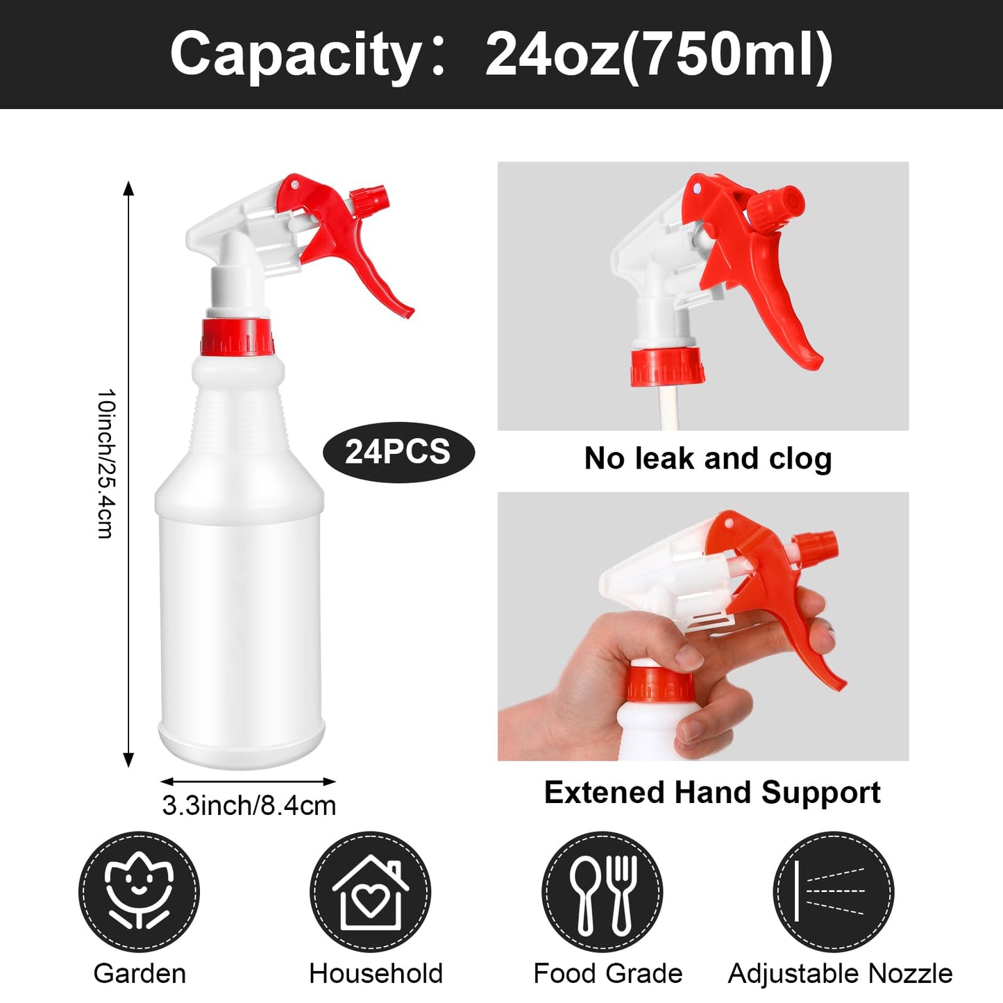 Gerrii 24 Pcs 24oz Plastic Spray Bottle Bulk, Empty Refillable Squirt Bottles for Cleaning Solution, Leak Proof Water Spray Bottle with Adjustable Nozzle and Stickers Commercial Supplies(Mix Color)