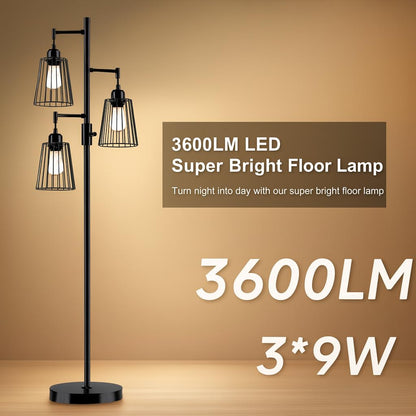PESRAE Dimmable Industrial Floor Lamp, Farmhouse Floor Lamp Standing Lamp with 3 Elegant Teardrop Cage Heads & Included 3 x 1200LM Edison LED Bulbs, Tall Lamp for Living Room, Bedroom (Matte Black)