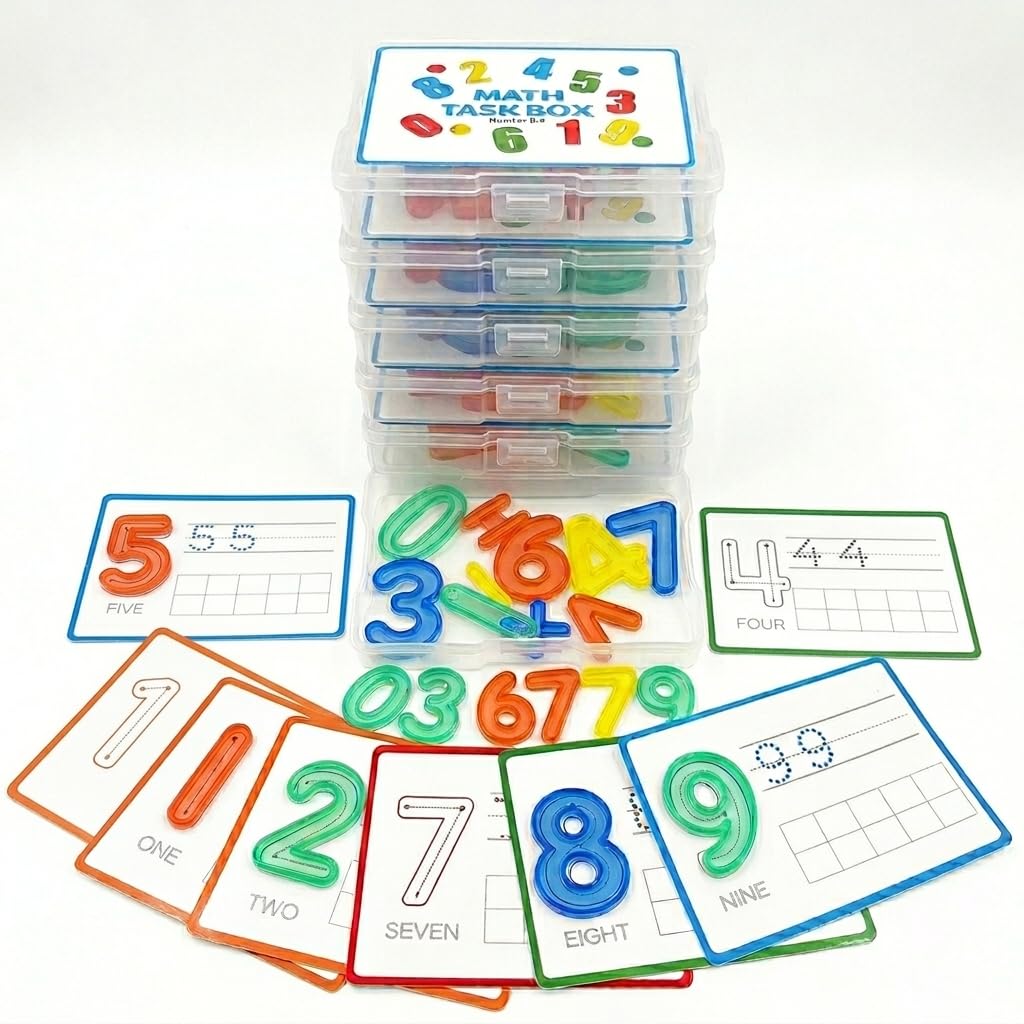 Math Task Boxes Set of 5 Math Manipulatives Themes 230+ Pieces of Number Rods, Base Ten Blocks, Ten Frame Disc Counters, Place Value Blocks, 0-9 Numbers, 3D Shapes, Activity Cards (Numbers)
