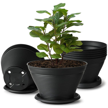 RooTrimmer 8 Inch Plastic Plant Pots with Saucers 8 Pack, Flower Pots with Drainage Holes, Sturdy Planter Pots for Indoor Outdoor, Modern Decorative Gardening Pots for Planting House Plants, Black