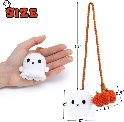 Halloween Car Ornament Crochet Pumpkin and Ghost Car Pendant for Car Mirror Upholstery Accessories, Hand Knitted Mirror Charm (2)