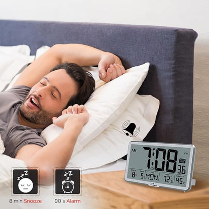 WallarGe Auto Set Digital Wall Clock Battery Operated, Desk Clocks with Temperature, Humidity and Date, Large Display Digital Calendar Alarm Clock for Elderly, Bedroom, Office, 8 Time Zone, Auto DST.