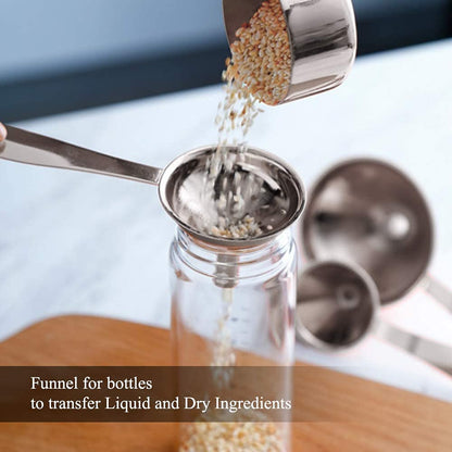3 in 1 Metal Funnels for Filling Bottles Stainless Steel Small Kitchen Funnel Set for Transferring Essential Oils Liquid Fluid Spice Dry Ingredients Powder, Durable (‎Long-Handled Funnel)