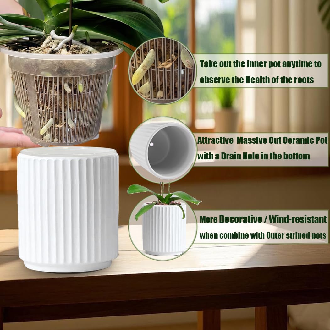 MUZHI Double Layer White Ceramic Orchid Planter with Saucer, Orchid Pots with Holes 4.6" Set of 2, Modern Minimal Cylinder Striped Plant Pot with Drainage 4.6” (White)