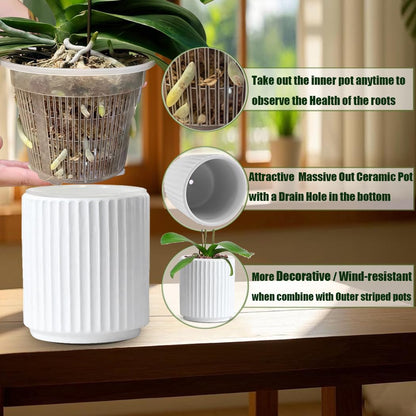 MUZHI Double Layer White Ceramic Orchid Planter with Saucer, Orchid Pots with Holes 4.6" Set of 2, Modern Minimal Cylinder Striped Plant Pot with Drainage 4.6” (White)