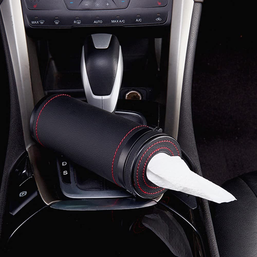 Car Tissue Tube, Cylinder Tissue Box Diameter 2.75'' PU Leather Round Tissues Container for Car Cup Holder, Up to 30 Count Tissue
