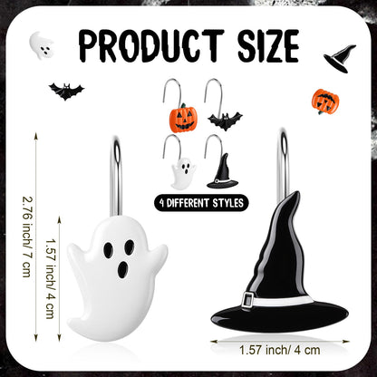 Yungyan 12 Pcs Halloween Ghost Shower Curtain Hooks Pumpkin Curtain Hangers Bat Witch Decorative Rings Accessories for Halloween Bathroom Restroom Decor