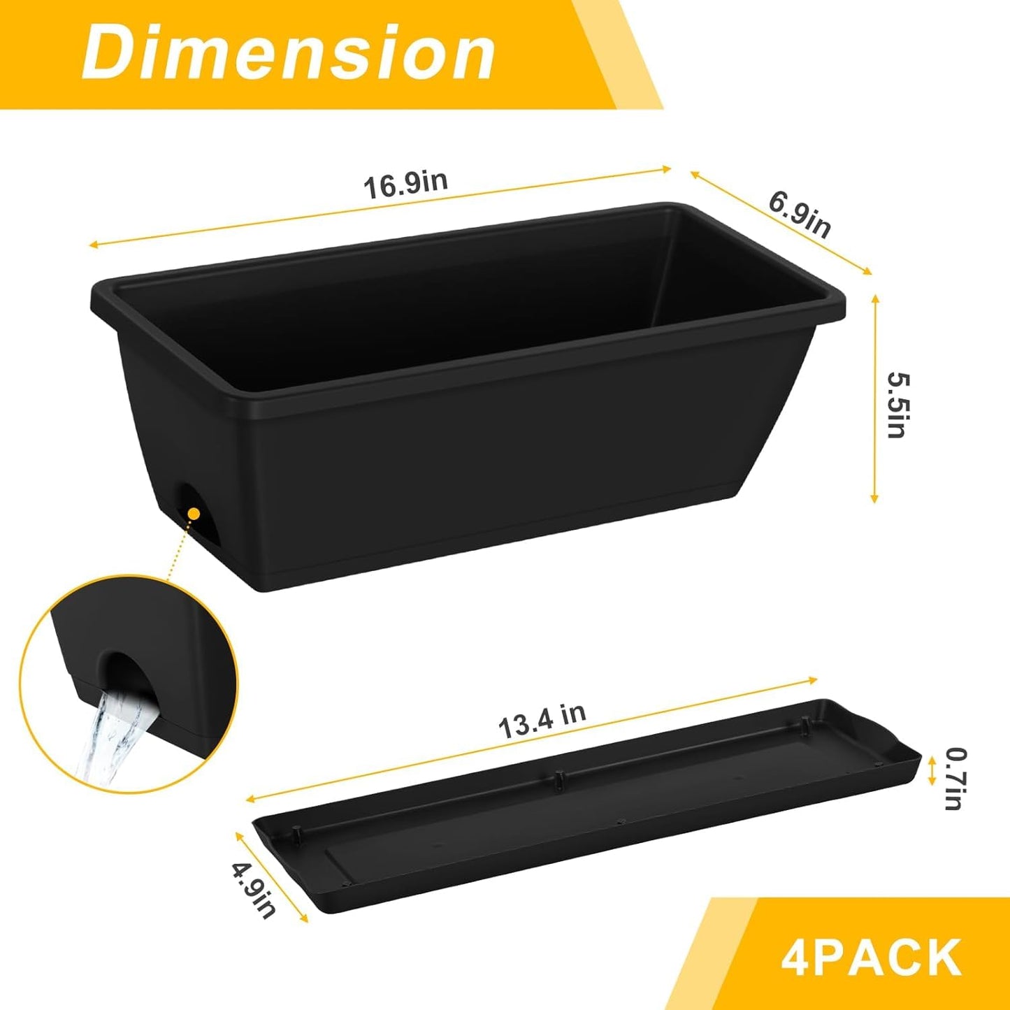 FANSXIVITA Balcony Planters Railing Hanging, Deck Railings Planter Boxes 16.9in, Railing Planter Box, Deck Planters for Railings, Railing Flower Box with Metal Brackets, Black (4Pcs)