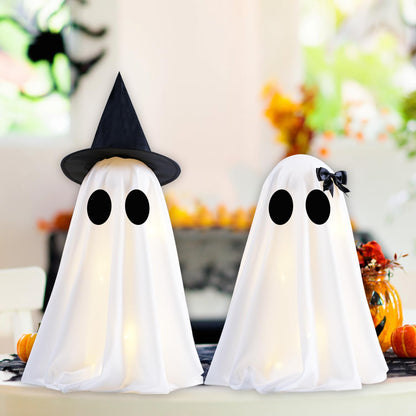 KIWDY [Timer] Light Up Halloween Scary Ghost Decorations, Set of 2 DIY Spooky Crafts for Indoor Home Mantel Shelf & Tabletop Decor White