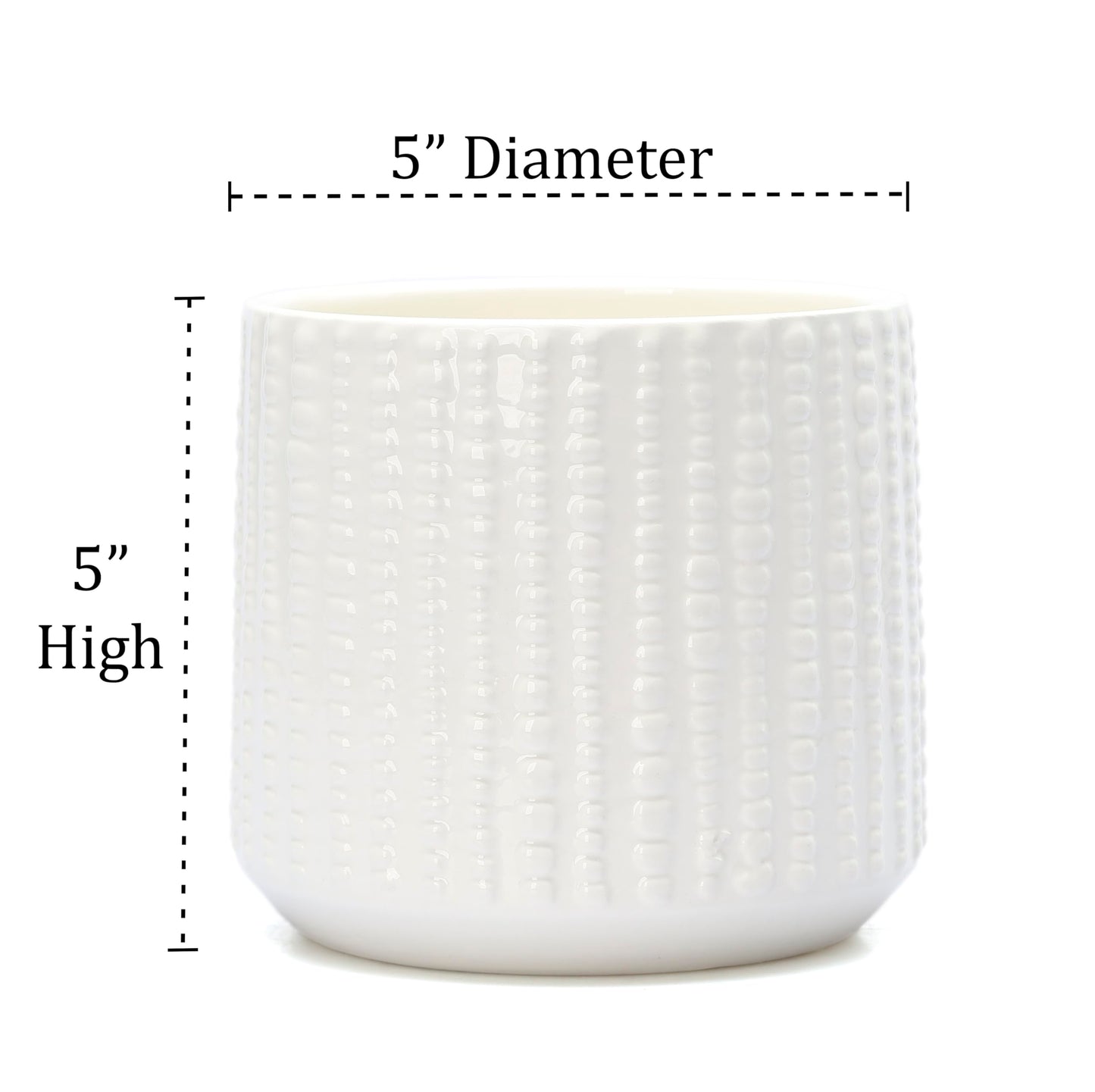 Arktiva Ceramic Planter Pot with Drainage Hole, 5 Inch Dia, Indoor and Outdoor, Home Patio Garden, Plants Flower Succulent, Textured Round (White)