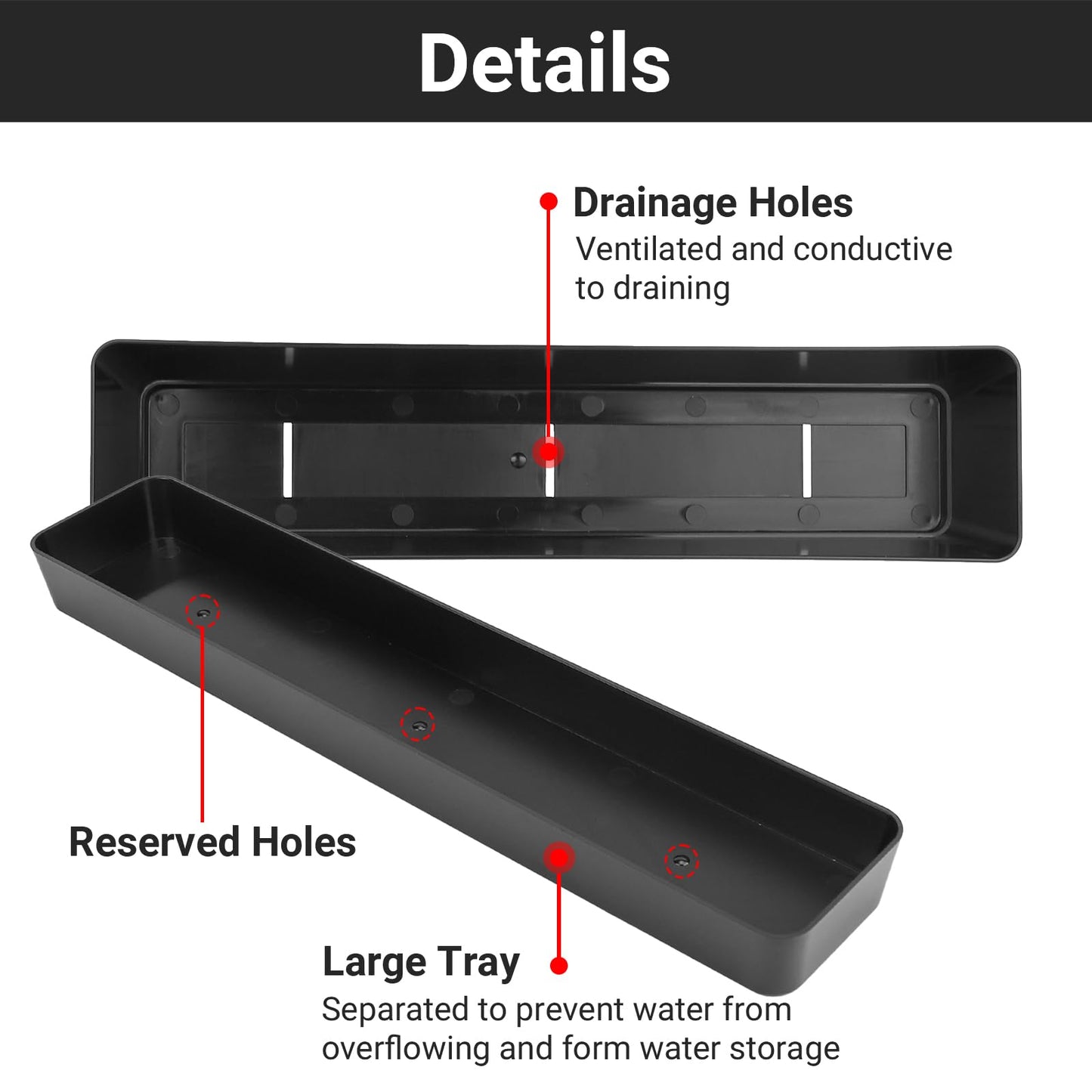 GREANER Window Boxes Planters with 4inch White Plant Label, 3PCS 16x3.8 Inch Black Rectangle Planters Box with Drainage Holes and Trays, Herb Succulents Flowers Plastic Pot for Windowsill, Garden, Bal