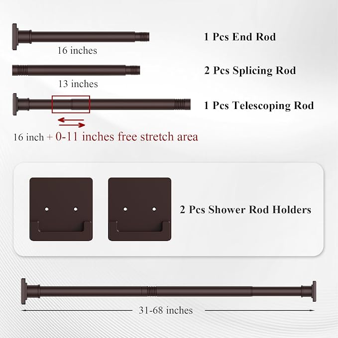 UIOSANRT Brown Shower Curtain Rod 31-68 inches, Stainless Steel Shower Rod & Tension Rod, Adjustable Tension Shower Curtain Rod for Bathroom, Windows, Closet