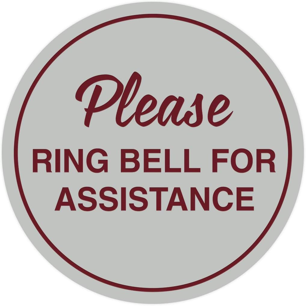 Signs ByLITA Circle Please Ring Bell For Assistance Wall or Door Sign | Easy Installation | Front Desk Reception Sign (Light Grey/Burgundy) - Small (5 Pack)