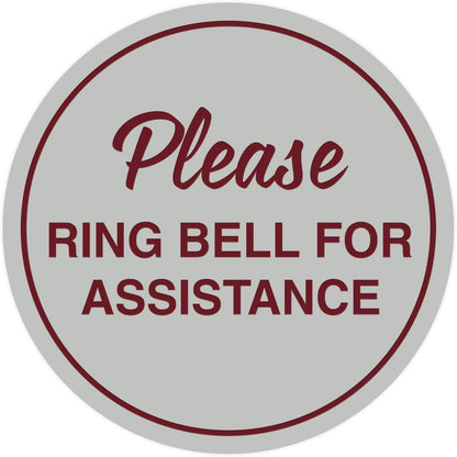 Signs ByLITA Circle Please Ring Bell For Assistance Wall or Door Sign | Easy Installation | Front Desk Reception Sign (Light Grey/Burgundy) - Large (5 Pack)