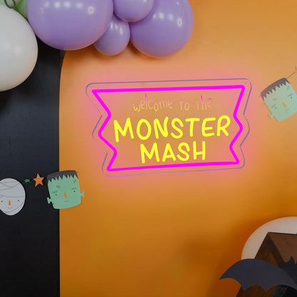 Welcome to Monster Mash Neon Sign for Wall Decor,Ghost Led Dimmable Neon Lights for Gaming Room Boys Room Decor，Powered by USB 9.5 * 15.7inch, Halloween Birthday Party Christmas Gifts