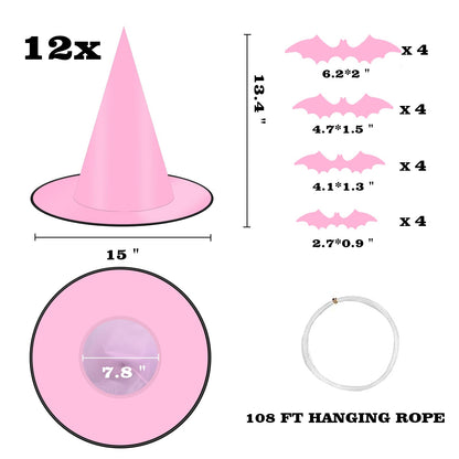 Coneatness 12 PCS Witch Hats with Hanging Rope, 16 PCS 3D Bats Stickers for Halloween Indoor Outdoor Yard Decor, Pink Party Decorations, Wizard Costume for Women