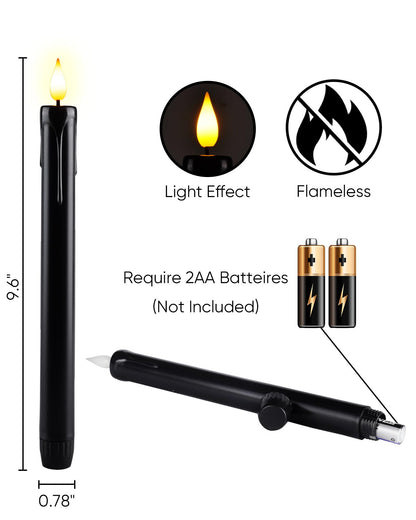 Homemory Black Flameless Taper Candles Flickering, NO Remote, 9.6 Inches Battery Operated, 6 Pcs Realistic Electric LED Candlesticks Made of Plastic for Halloween Party Home Decor
