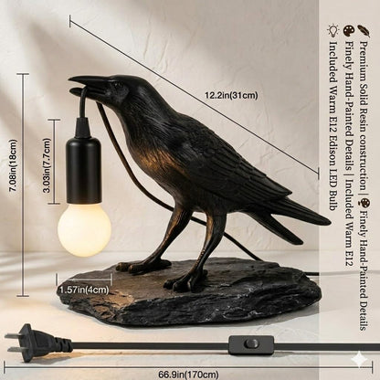 Shandaglo Raven Lamp Gothic Decor, Black Crow Table Lamp with LED Bulb, Unique Dark Aesthetic Night Light for Bedroom Desk, Halloween Home Decoration Gift