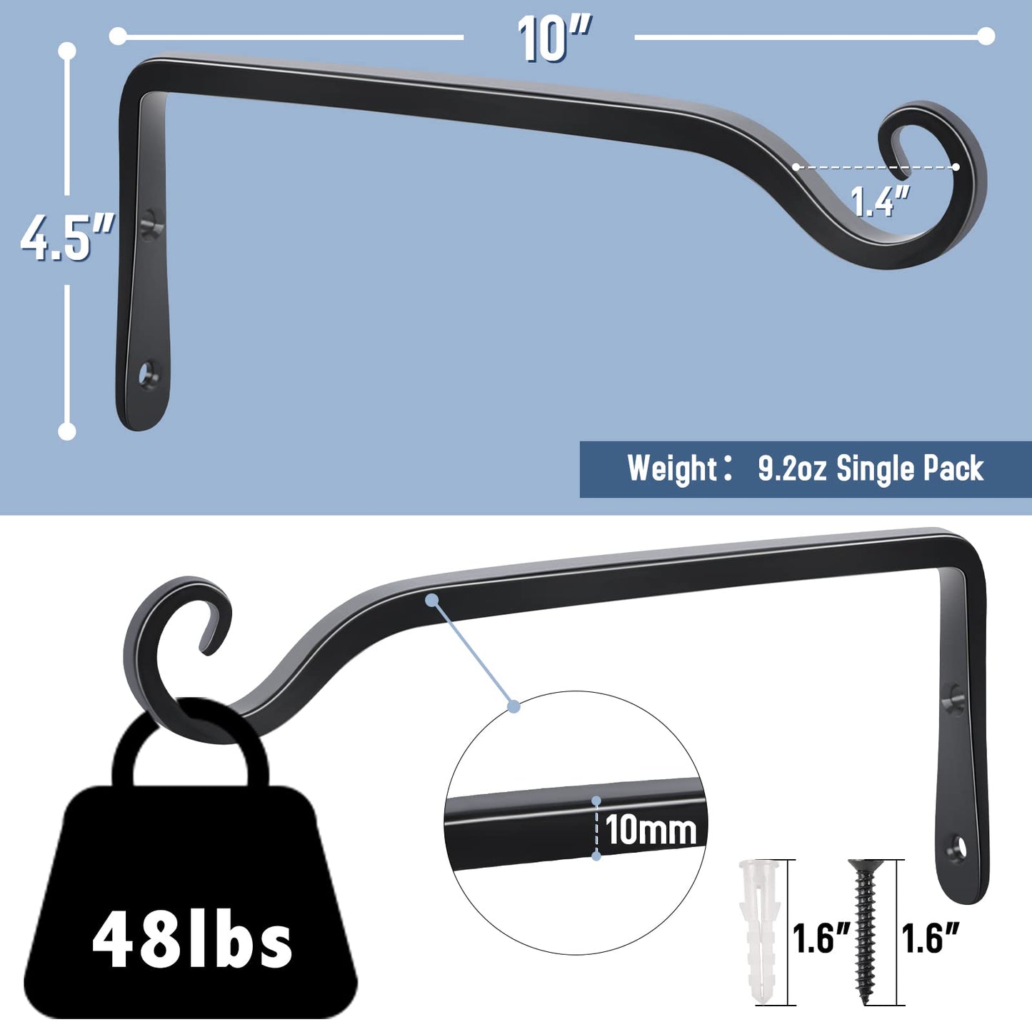 FEED GARDEN Wall Hooks for Hanging Plants 10 Inch - 2 Pack Heavy Duty Metal Plant Brackets, Holds 48 lbs, Rust Resistant Black L-Shape Hooks for Indoor Outdoor Decor