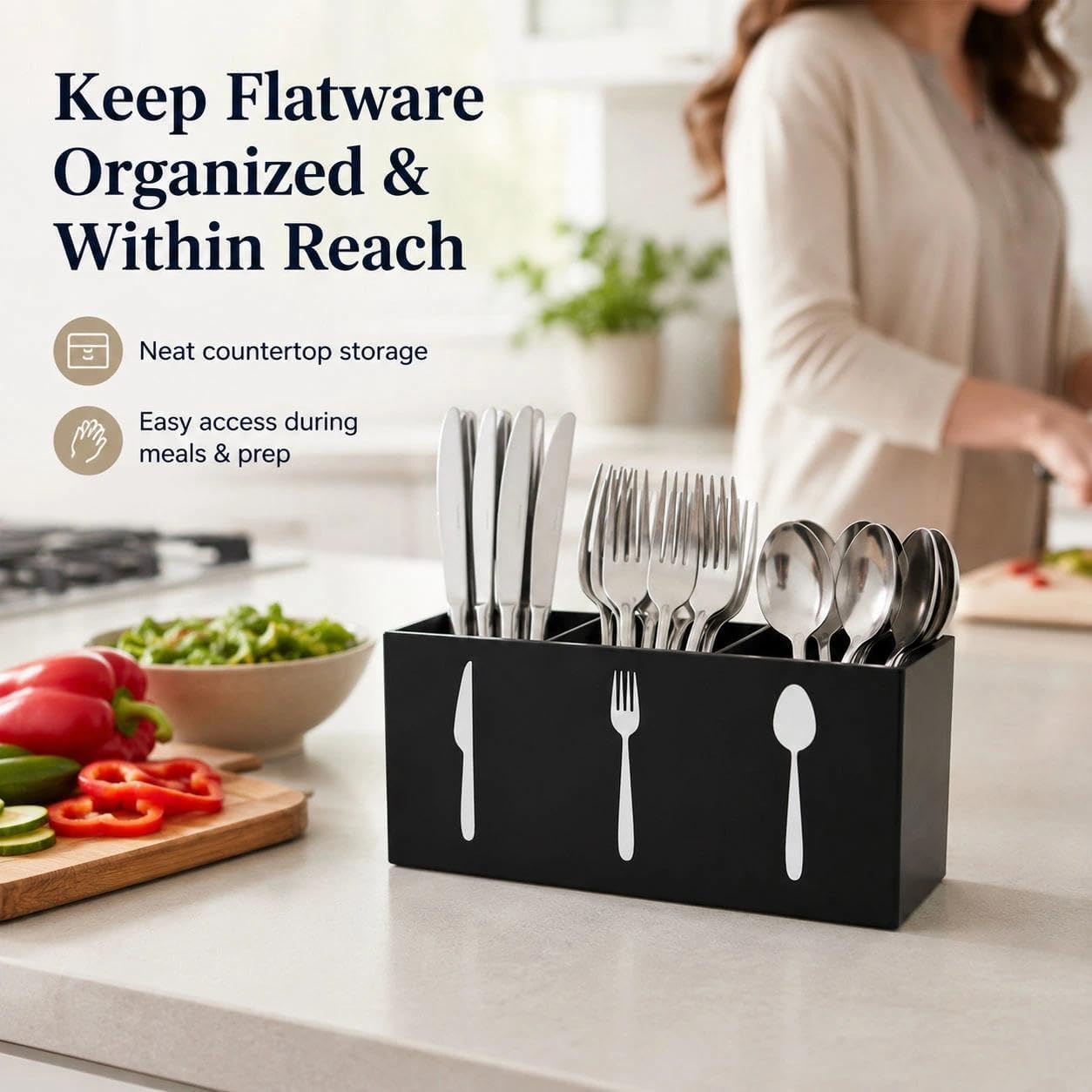 Eselatin 3 Compartments Silverware Caddy,Plastic Utensil Holder for Kitchen Countertop,Party Silverware Holder,Lfork Spoon Knife Organizer, Black