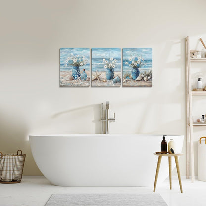jejeloiu Blue Beach Canvas Wall Art for Living Room Bedroom 12"x16"x3pcs Daisy Flroal Picture Wall Decor for Bathroom Starfish Coastal Ocean Office Decorations Artwork Posters Ocean Marine Painting