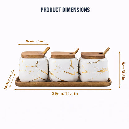 KIDYBELL Ceramic Spice Jars Porcelain Condiment Jars Set Marble Ceramic Seasoning Box 3pcs Condiment Pots for salt, sugar, pepper Kitchen Seasoning Condiment Jar Set