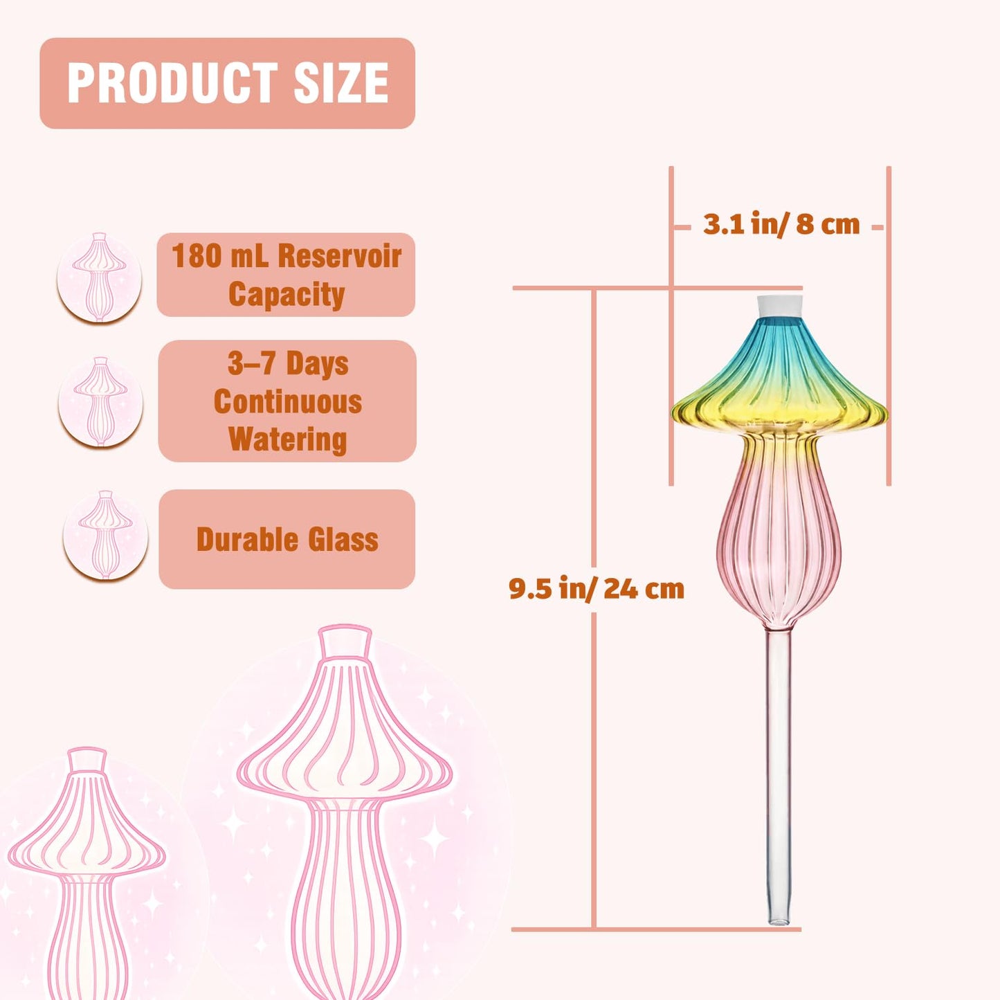 4 PCS Glass Plant Watering Globes Mushroom, Watering Bulbs for Indoor Plants, Rainbow Gradient Color Glass Mushroom Watering Bulbs, for Vacation Plant Care.