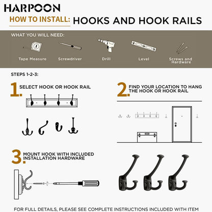 HARPOON Triple Prong Decorative Wall Hook | 3 Pack Matte Black Hook for Coat, Hats, Backpacks, Bags | Hooks for Bathroom, Bedroom, Closet, Entryway, Laundry Room, Office