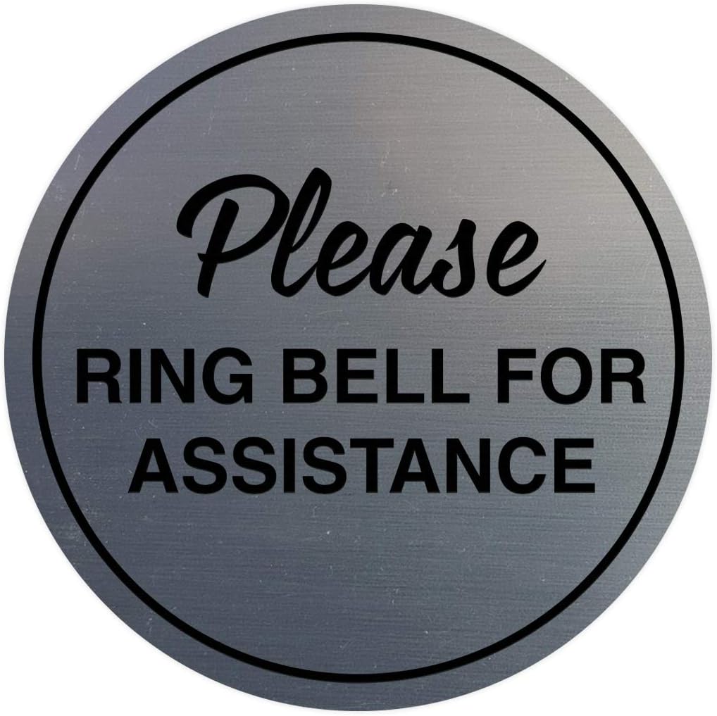 Signs ByLITA Circle Please Ring Bell For Assistance Wall or Door Sign | Easy Installation | Front Desk Reception Sign (Brushed Silver) - Medium (10 Pack)