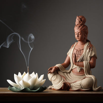 Lotus Incense Holder for Mosquitos - White Ceramic Bloom with Leaf Tray, Aromatherapy Decor, Meditation Gift Set, Zen Home Office Desk Altar Decor (Handmade, Ash Catcher, Unique Holiday Present)