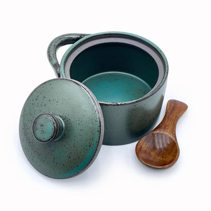 YILUSHENGHUA 8 oz Ceramic Salt Cellar with Lid & Wooden Spoon,Countertop Salt Container,Sugar Bowl,Spices Jar| Artisan Kitchen Decor(Deep Blue)