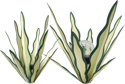 LCJECV Metal Agave Plant Garden Art, 2 Pack Tequila Rustic Sculpture, Rustic Metal Agave Plants Garden Lawn Home Ornaments, for Yard Stakes, Garden Figurines, Outdoor Patio (2 PCS Green with Light)
