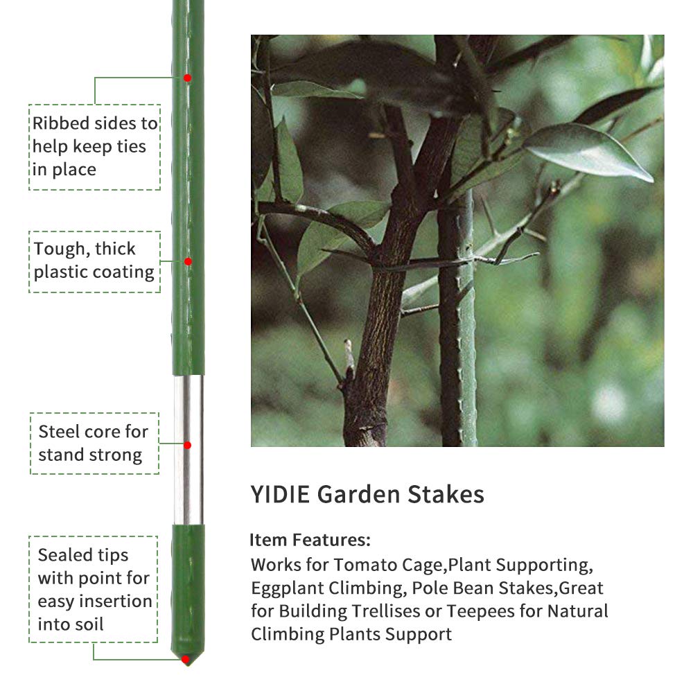 YIDIE Sturdy Metal Garden Stakes 4 Ft Tomato Cage Plastic Coated Steel Plant Sticks for Tomatoes,Trees,Cucumber,Fences,Beans,Pack of 50
